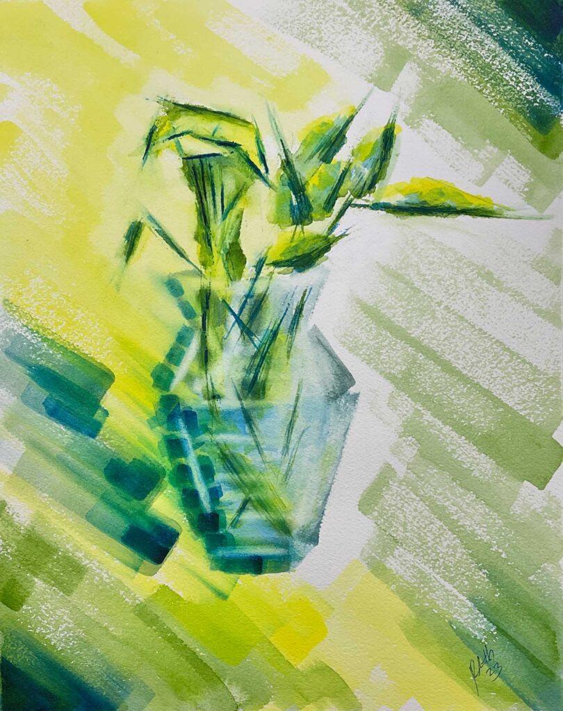 calla lily leaves and glass vase watercolor, shape and symbolism