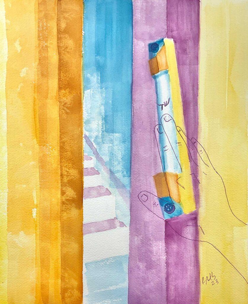 hand on the mezuzah watercolor painting, modern mezuzah case