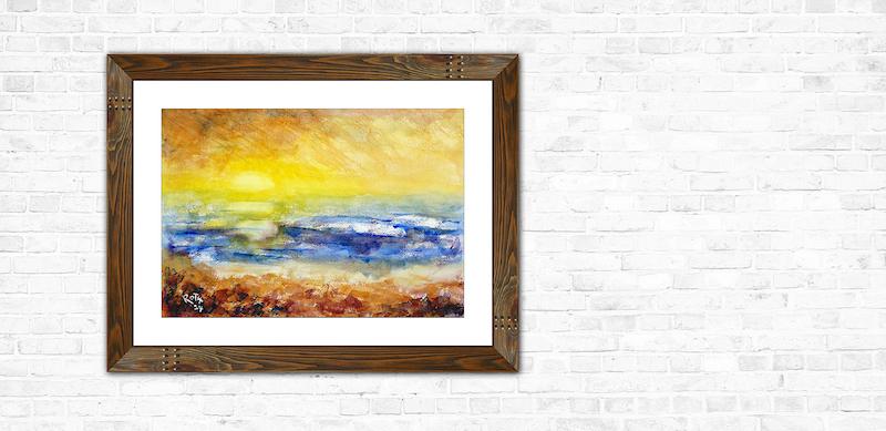 watercolor painting with mat and frame hanging on brick wall, how to frame art
