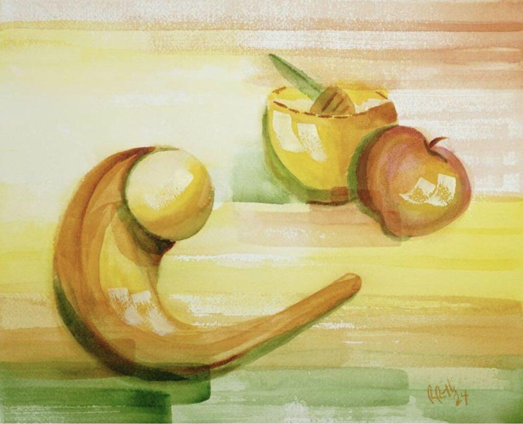 Shofar, Apple, and Honey Pot Painting watercolor