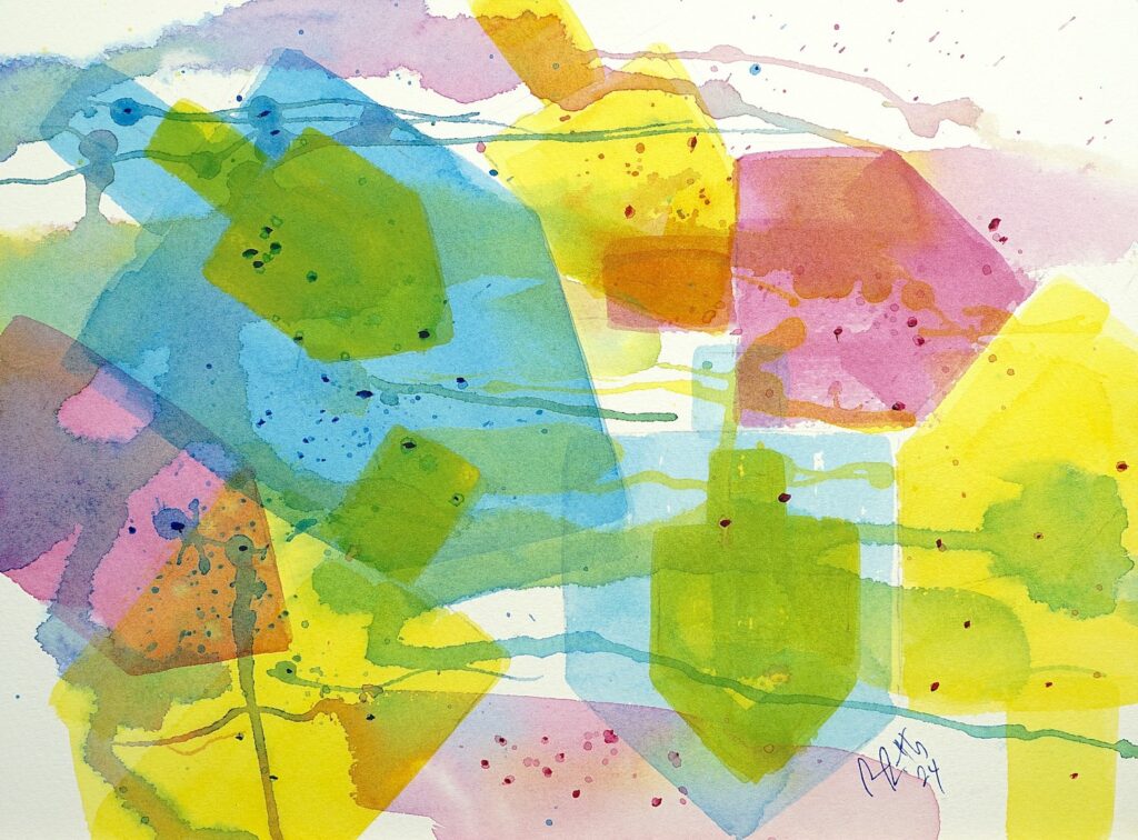 Colorful Chanukah Dreidels on Abstract Background watercolor painting, jewish art, judaica art