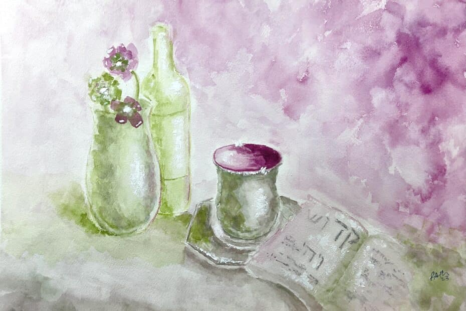 Shabbat Kiddush Cup, Wine, Flowers on Soft Background watercolor painting, jewish art, judaica art