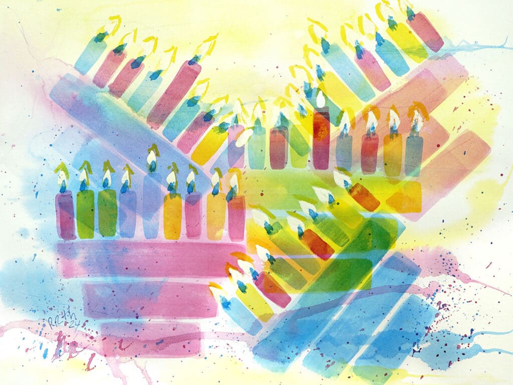 Colorful Chanukah Menorahs on Abstract Background, watercolor painting, jewish art, judaica art
