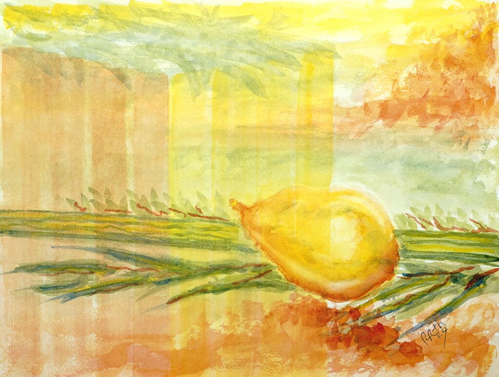 Sukkot Lulav and Esrog with Sukkah Background watercolor painting, citron