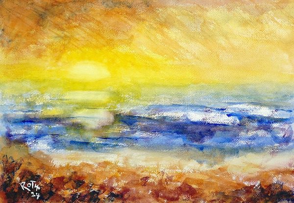 Bright Sun Over the Ocean Seascape watercolor modern impressionism painting