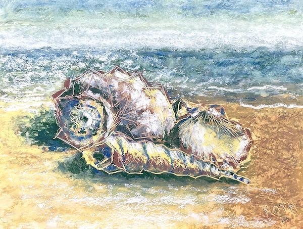 Seashells on the Beach, oil pastel painting, seashells in art