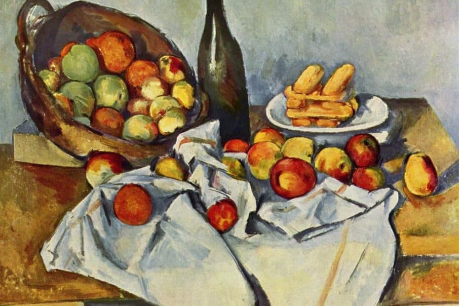 still life with bottle and apple basket, cezanne