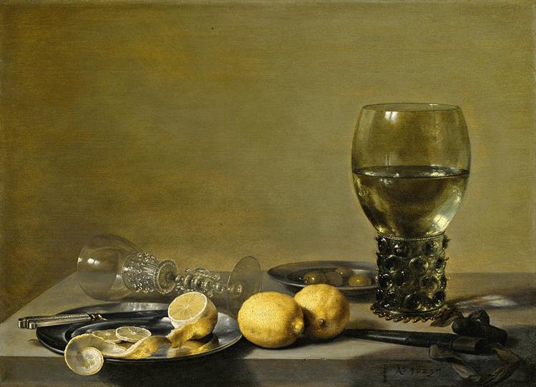 Still Life of Lemons and Olives Pewter Plates a Roemer and a Facon De Venise Wine Glass on a Ledge, Pieter Claesz, 16th-17th cent., neoclassicism, art movements you probably never heard of