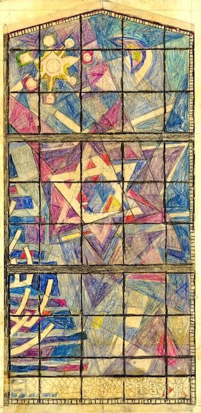 Study of Color, Panel C, Chicago Loop Synagogue Window, crayon, ink, pencil on paperboard by Abraham Rattner Study of Color, Panel C, Chicago Loop Synagogue Window, crayon, ink, pencil on paperboard by Abraham Rattner, Star of David in modern jewish art