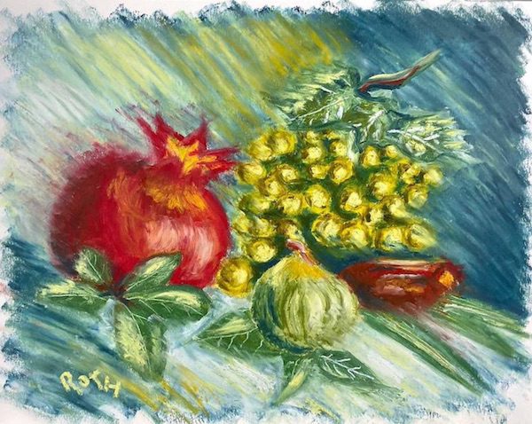 Pomegranate, Grapes, Fig, and Date for Tu Bishvat, oil pastel painting. Buy on Saatchi