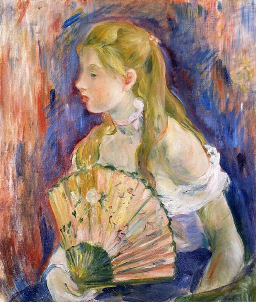 Young Girl with a Fan, Berthe Morisot, 1893, Impressionism Young Girl with a Fan, Berthe Morisot, 1893, Impressionism vs Post-Impressionism