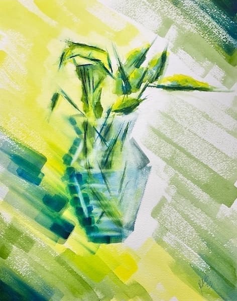 calla lily leaves and glass vase, watercolor painting, still life paintings and drawings, original realistic art