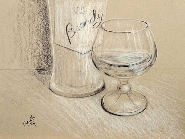 Brandy Glass and Bottle, pencil and chalk drawing on toned paper, still life paintings and drawings, original realistic art