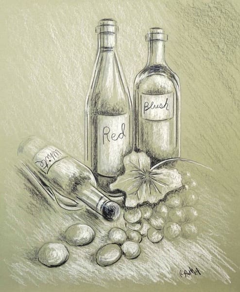 wine bottles and grapes number 2, pencil and chalk drawing on toned paper, still life paintings and drawings, original realistic art