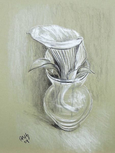 calla lily in glass vase, pencil and chalk drawing on toned paper, still life paintings and drawings, original realistic art