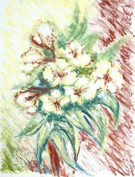 bouquet of yellow flowers and leaves in vase, oil pastel painting, still life paintings and drawings, original realistic art