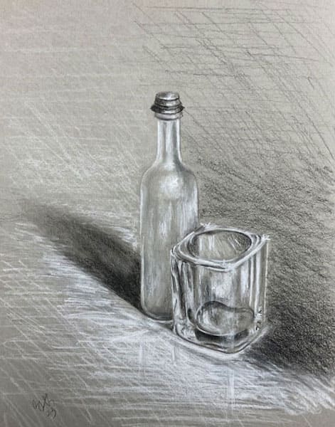 Shot Glass, pencil drawing on toned paper, still life paintings and drawings, original realistic art