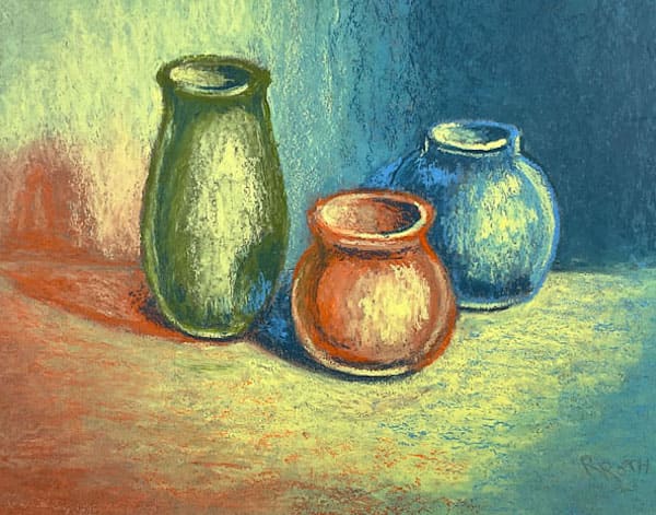 Small Bud Vases, oil pastel painting, still life paintings and drawings, original realistic art