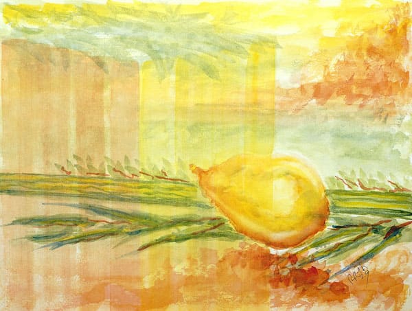 Sukkot Lulav and Esrog with Sukkah Background, original watercolor painting. Buy Jewish art on Saatchi. Sukkot Lulav and Esrog with Sukkah Background, watercolor painting, modern Jewish art