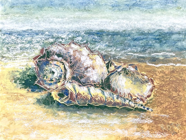Seashells on the Beach, oil pastel painting. Buy original landscape art, seascape art, nature art