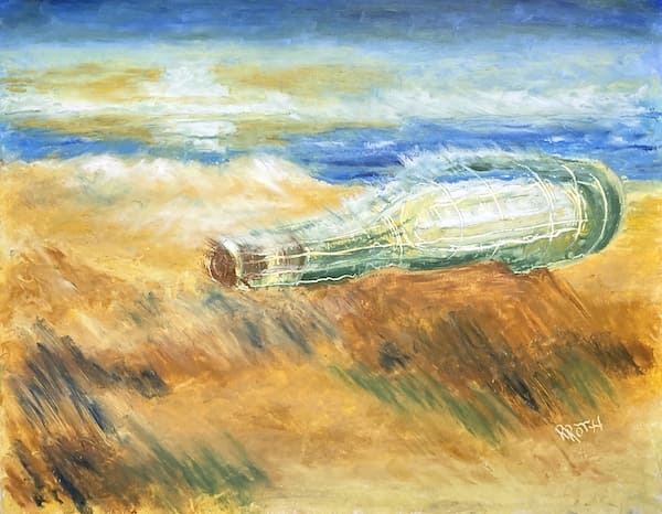 Bottle on Beach, oil pastel painting. Buy original landscape art, seascape art, nature art