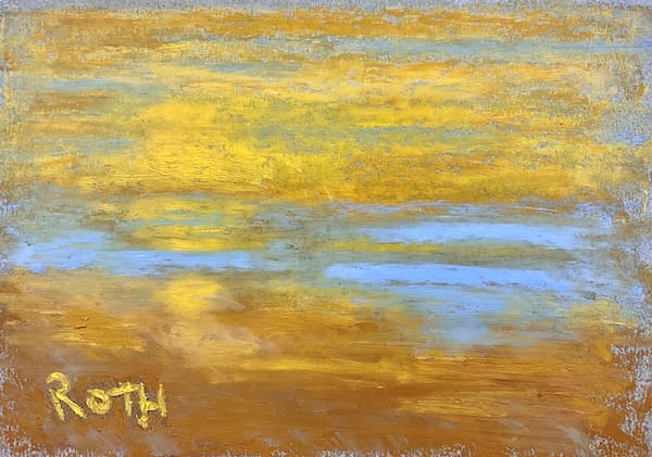 Sunset Over Water and Beach, oil pastel painting. Buy original landscape art, seascape art, nature art