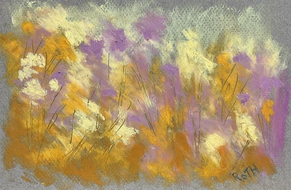 Yellow and Purple Wildflowers Abstract, oil pastel painting. Buy original landscape art, seascape art, nature art