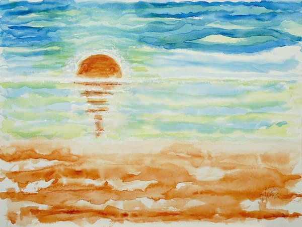Abstract Sunset in Blue and Orange, watercolor painting. Buy original landscape art, seascape art, nature art
