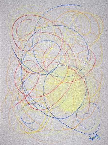 Order in Chaos, Flowing Circles on Neutral Background, colored pencil drawing. Buy original abstract art