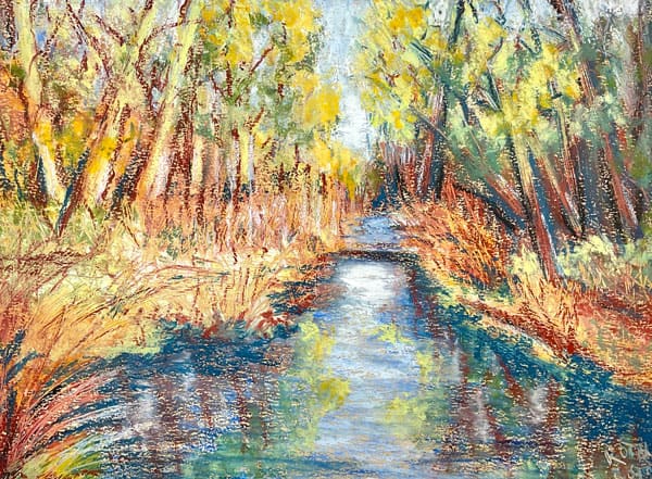 Creek, oil pastel painting. Buy original landscape art, seascape art, nature art