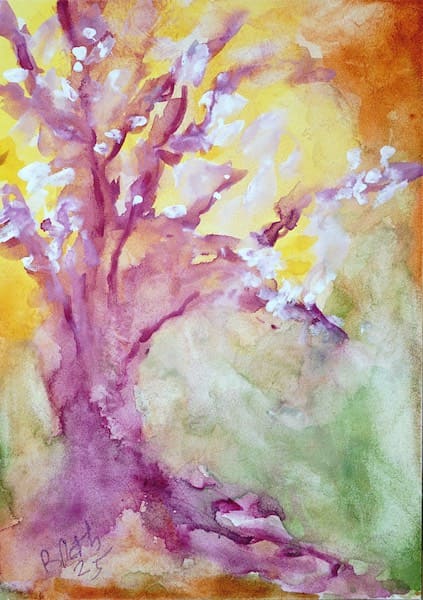 Red Tree with White Blossoms of Spring, watercolor painting. Buy original landscape art, seascape art, nature art