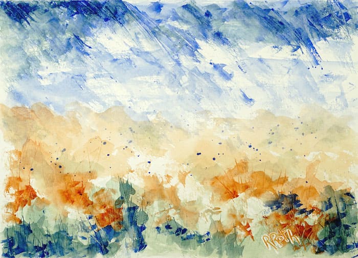 Abstract Landscape with Turbulent Blue Sky, watercolor painting. Buy original landscape art, seascape art, nature art