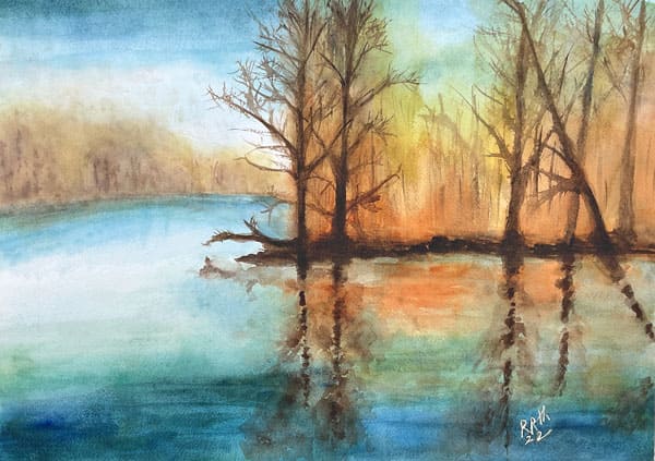 Hackensack River View, watercolor painting. Buy original landscape art, seascape art, nature art