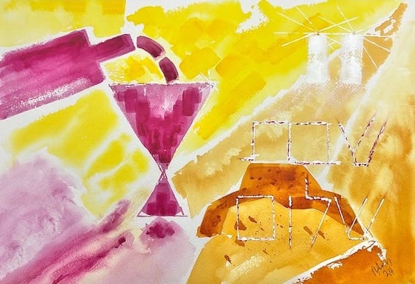 Shabbat Wine and Challah on Abstract Fluid Background, watercolor painting. Inside my art studio. Shabbat Wine and Challah on Abstract Fluid Background, watercolor painting. Inside my art studio.
