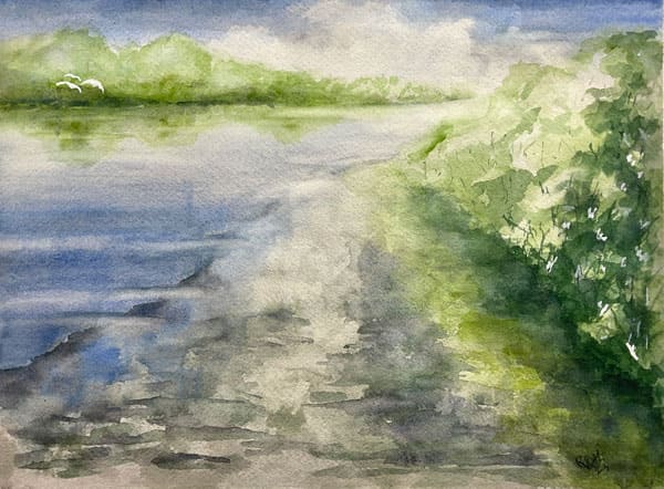 Shoreline, watercolor painting. Buy original landscape art, seascape art, nature art