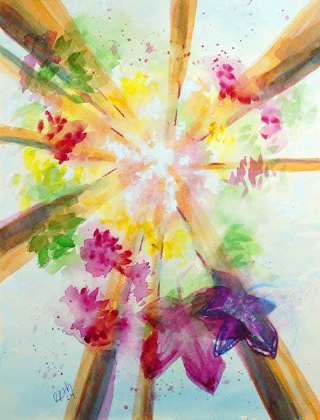 Sunlight Shining Through the Tops of Tall Trees in Fall, watercolor painting. Buy original landscape art, nature art