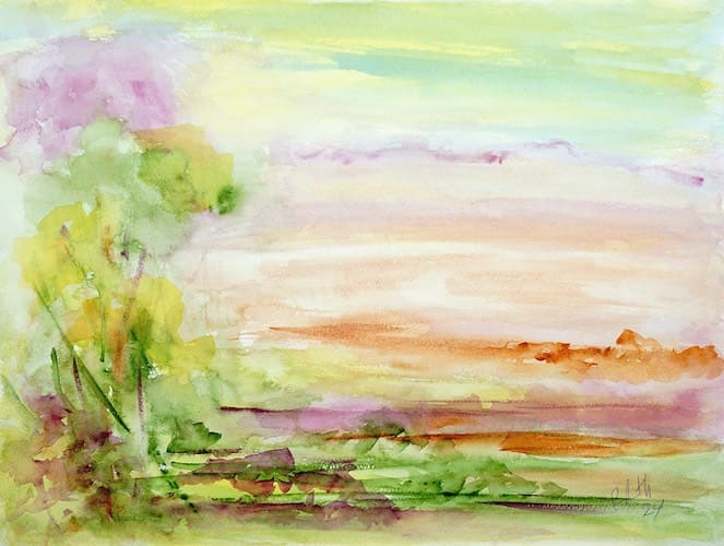 Tree Growing in an Abstract Landscape, watercolor painting. Buy original landscape art, seascape art, nature art