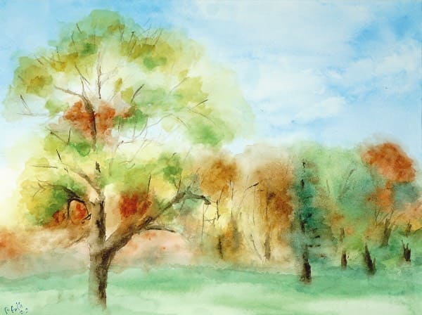 Forest, Tress, Grass, and Blue Sky, watercolor painting. Buy original landscape art, seascape art, nature art