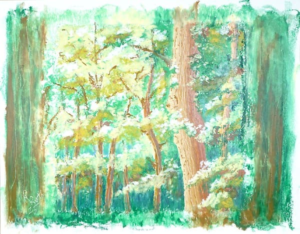 In the Trees, oil pastel painting. Buy original landscape art, seascape art, nature art