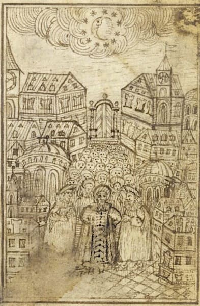 Blessing the New Moon in Jewish Art, Sketch by Juspe ben Meir Schmalkalden, after an engraving. Mainz, 1738, Kiddush levana