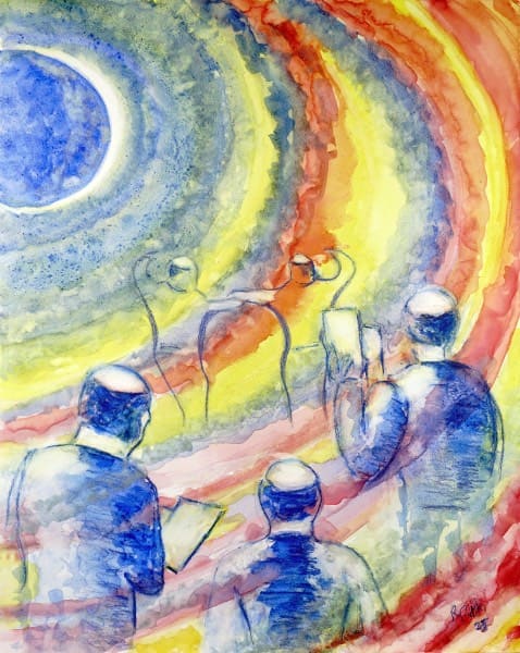 Kiddush Levana, watercolor painting on hardboard. Buy modern Jewish art, Judaica art, Jewish artwork, Judaica artwork