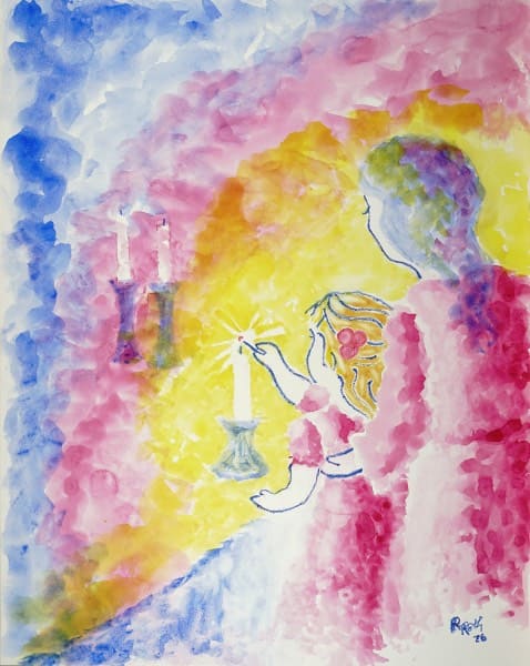 Little Girl Lighting Shabbat Candles, watercolor painting on hardboard. Buy modern Jewish art, Judaica art, Jewish artwork, Judaica artwork