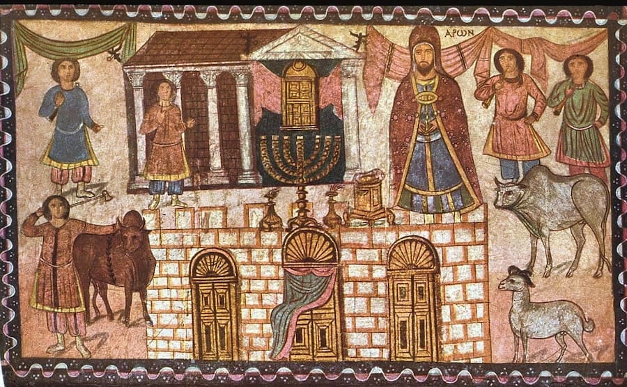 Scene from the Holy Temple with the figure of Aaron, the High Priest, the seven branched Menorah, and animals brought for sacrifice. Ancient Jewish Art Treasures: the Dura Europos Synagogue Scene from the Holy Temple with the figure of Aaron, the High Priest, the seven branched Menorah, and animals brought for sacrifice. Ancient Jewish Art Treasures: the Dura Europos Synagogue