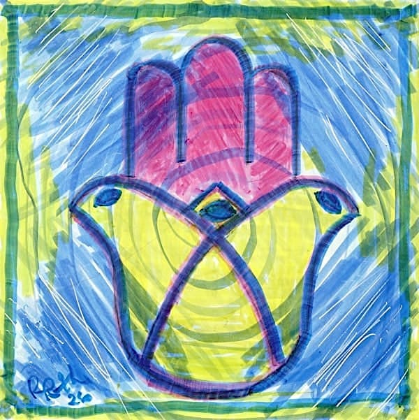 Hamsa Energy, small ink drawing on hardboard. Buy modern Jewish art, Judaica art.