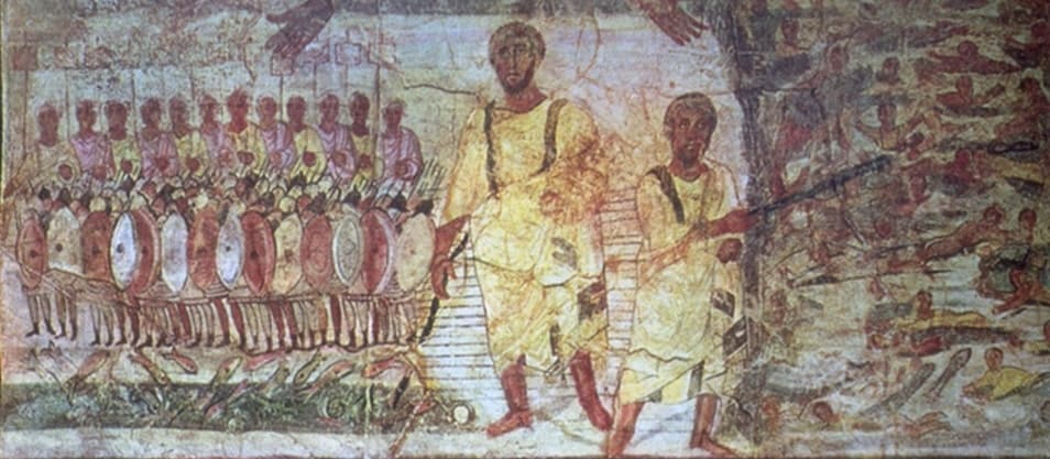 Moses leading the people through the Red Sea. Ancient Jewish Art Treasures: the Dura Europos Synagogue Moses leading the people through the Red Sea. Ancient Jewish art depicting urgency and emotion. Ancient Jewish Art Treasures: the Dura Europos Synagogue.