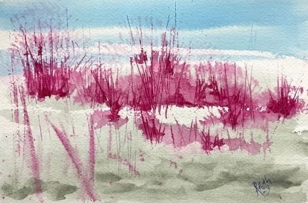 Abstract Landscape with Red Trees, watercolor painting. Buy original landscape art, seascape art, nature art