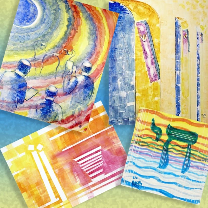 Kiddush Levana, Abstract Shabbat, Chai Symbol, Row of Mezuzot, original watercolor paintings. Buy modern Jewish art, Judaica art, Jewish artwork, Judaica artwork