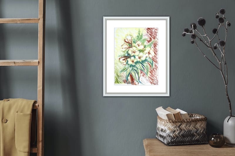 Bouquet of Yellow Flowers and Leaves in Vase. Still Life Paintings and Drawings, Original Realistic Art