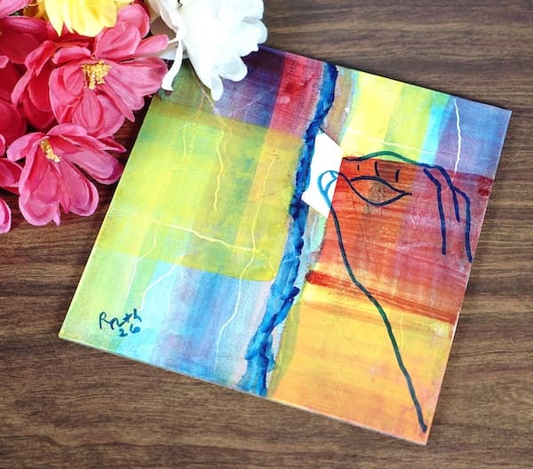 Putting a Note in the Kotel Wall, painting on a wooden surface with flowers