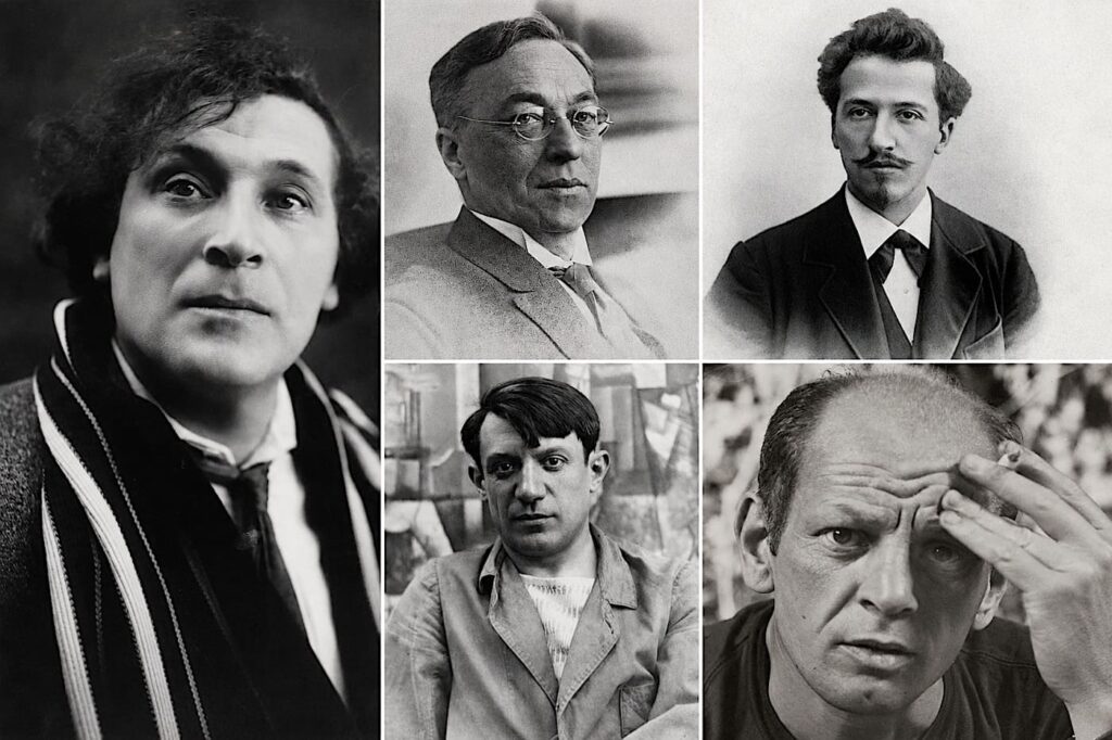 photo collage of Chagall, Picasso, Kandinsky, Pollock, Mondrian. Modern artists and watercolor